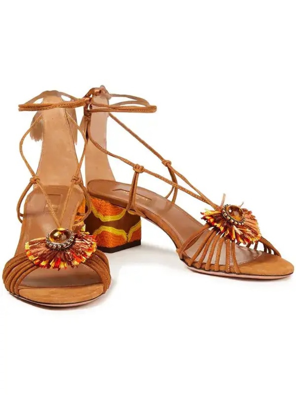 Aquazzura Tan Multicolor Beaded Block Heel Sandals with Ankle Tie